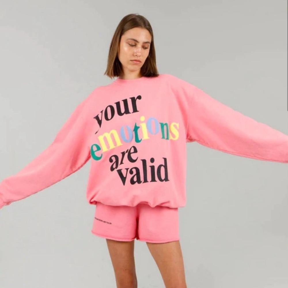 MAYFAIR Set Crew + Shorts Your Emotions Are Valid Pink Rainbow Graphic
